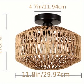 1pc Bohemian Style Semi-Flush Mount Ceiling Light Fixture, Hand-Woven Rattan Shade, Modern Metal Framed, Energy-Efficient, Hard-Wired, E26 Medium Bulb Base, for Bedroom, Living Room, Kitchen, Hallway - No Light Source Included