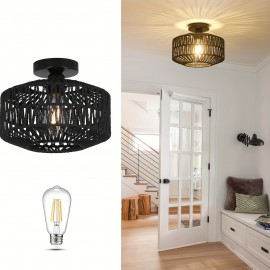 1pc Bohemian Style Semi-Flush Mount Ceiling Light Fixture, Hand-Woven Rattan Shade, Modern Metal Framed, Energy-Efficient, Hard-Wired, E26 Medium Bulb Base, for Bedroom, Living Room, Kitchen, Hallway - No Light Source Included