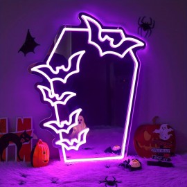 1pc Gothic Coffin Bat Neon Mirror Sign, LED Wall Mounted Makeup Mirror with Multicolor Glow, USB Powered, Switch Control, Plastic Material, Ideal for Bedroom, Makeup Room, Gift - Purple, White, Red