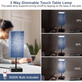 Bedside Table Lamp For Bedroom Set Of 2, 3 Way Dimmable Touch Lamp With USB C+A Charging Ports, Small Nightand Lamps For Bedroom Decor, Living Room, LED Bulbs Included, Upgraded Navy Blue