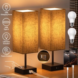 Bedside Table Lamp For Bedroom Set Of 2, 3 Way Dimmable Touch Lamp With USB C+A Charging Ports, Small Nightand Lamps For Bedroom Decor, Living Room, LED Bulbs Included, Upgraded Navy Blue