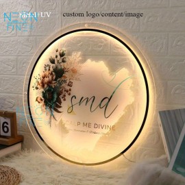 Custom LED Backlit Acrylic Wall Sign - USB Powered Adjustable Brightness, with Personalized UV Printing, Round Design and Floral Pattern Suitable for Salon, Office, Store Decoration, Custom Decorative Sign | Personalized Sign | Polished Surface, Wall Hanging Neon Light, Led Screen For Advertising, Business Sign, Neon Light, Neon Sign For Wall, Neon Sign