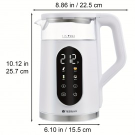 Tesslux Electric Kettle, 57.48oz/ 1500W Water Boiler Heater with Temperature Control, BPA-Free, 4 Preset Heating Programs, Glass Boiling Tea Maker, White, Camping Must Haves, Kitchen Accessories