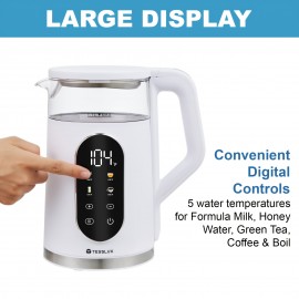 Tesslux Electric Kettle, 57.48oz/ 1500W Water Boiler Heater with Temperature Control, BPA-Free, 4 Preset Heating Programs, Glass Boiling Tea Maker, White, Camping Must Haves, Kitchen Accessories