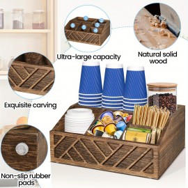 IDUK Coffee Station Organizer - Recycled Wood Coffee Bar Storage with Cup Holders, Compartmentalized Shelves - Space-Saving Countertop Organizer for Kitchen, Office, Cafe - Coffee &itchen Decor
