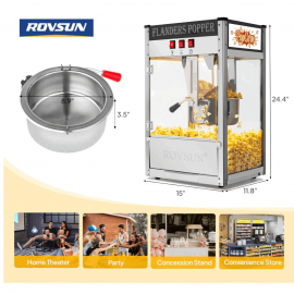 The popcorn machine is equipped with an 8-ounce water bottle and can make up to 32 cups. It is a commercial popcorn machine with a tabletop, featuring a stainless steel spoon, an oil spoon and 3 popcorn cups. It is suitable for home theaters and is black
