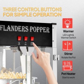 The popcorn machine is equipped with an 8-ounce water bottle and can make up to 32 cups. It is a commercial popcorn machine with a tabletop, featuring a stainless steel spoon, an oil spoon and 3 popcorn cups. It is suitable for home theaters and is black