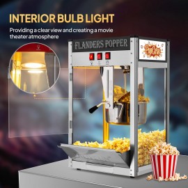 The popcorn machine is equipped with an 8-ounce water bottle and can make up to 32 cups. It is a commercial popcorn machine with a tabletop, featuring a stainless steel spoon, an oil spoon and 3 popcorn cups. It is suitable for home theaters and is black