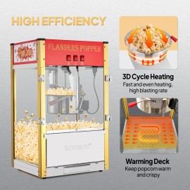 The popcorn machine is equipped with an 8-ounce water bottle and can make up to 32 cups. It is a commercial popcorn machine with a tabletop, featuring a stainless steel spoon, an oil spoon and 3 popcorn cups. It is suitable for home theaters and is black