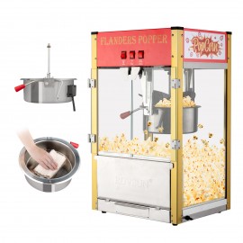 The popcorn machine is equipped with an 8-ounce water bottle and can make up to 32 cups. It is a commercial popcorn machine with a tabletop, featuring a stainless steel spoon, an oil spoon and 3 popcorn cups. It is suitable for home theaters and is black