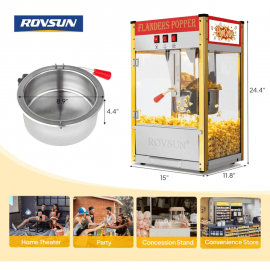 The popcorn machine is equipped with an 8-ounce water bottle and can make up to 32 cups. It is a commercial popcorn machine with a tabletop, featuring a stainless steel spoon, an oil spoon and 3 popcorn cups. It is suitable for home theaters and is black