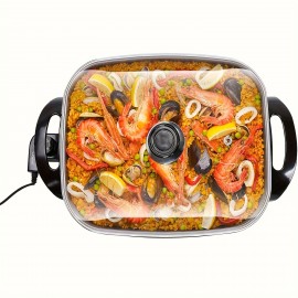 Plus Long Professional Non-stick Copper Electric Frying Pan with Extended Deep Dish, Tempered Glass Breathable Lid, Upgraded Thermostat Control, 16