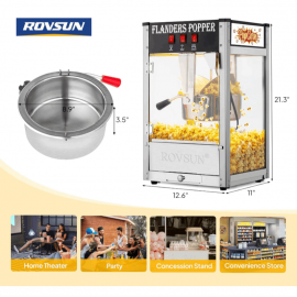 The popcorn machine is equipped with an 8-ounce water bottle and can make up to 32 cups. It is a commercial popcorn machine with a tabletop, featuring a stainless steel spoon, an oil spoon and 3 popcorn cups. It is suitable for home theaters and is black