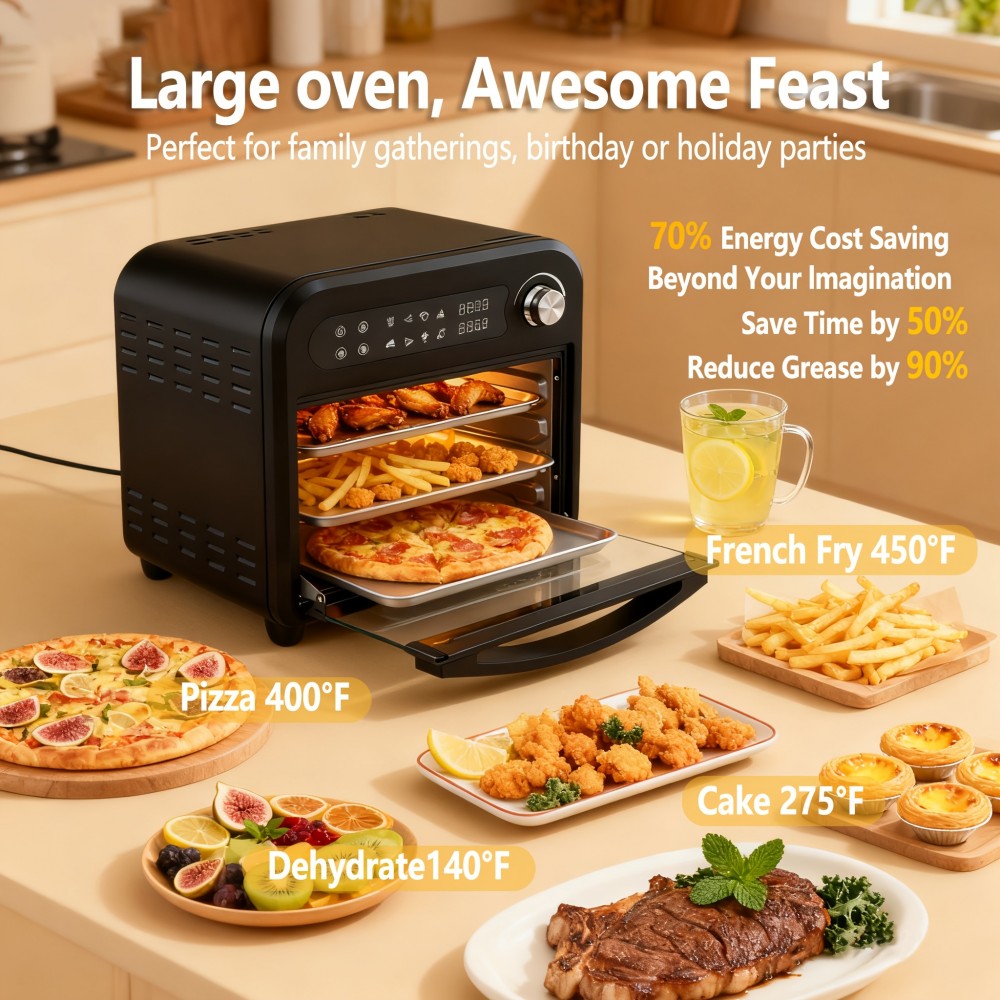 16QT Large Capacity Digital Air Fryer Oven Toaster Combo with 360° Hot Air Circulation, 1500W Fast Preheating & Cooking, Digital Display & Precise Temperature Control, Transparent Door with Window, Healthy Low-Oil Cooking Intelligent Chip Technology