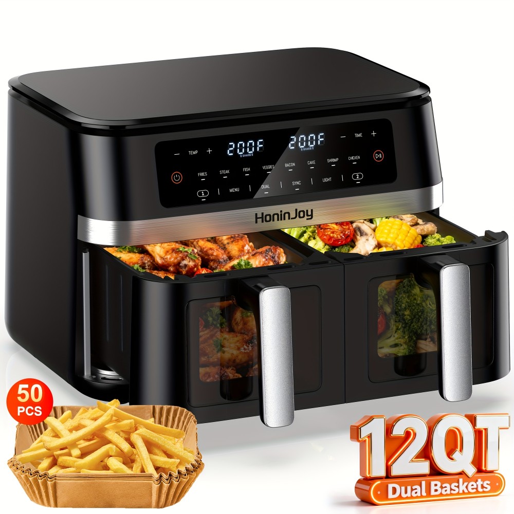 6+6QT Air Fryer Large Capacity 8 Preset Cooking Functions 2-Basket Air Fryer with 2 Viewing Window, Match Cook & Smart Finish to Bake, Roast, Reheat, Broil, Dehydrate & More for Quick, Easy Meals, Including 50 Air Fryer Liners